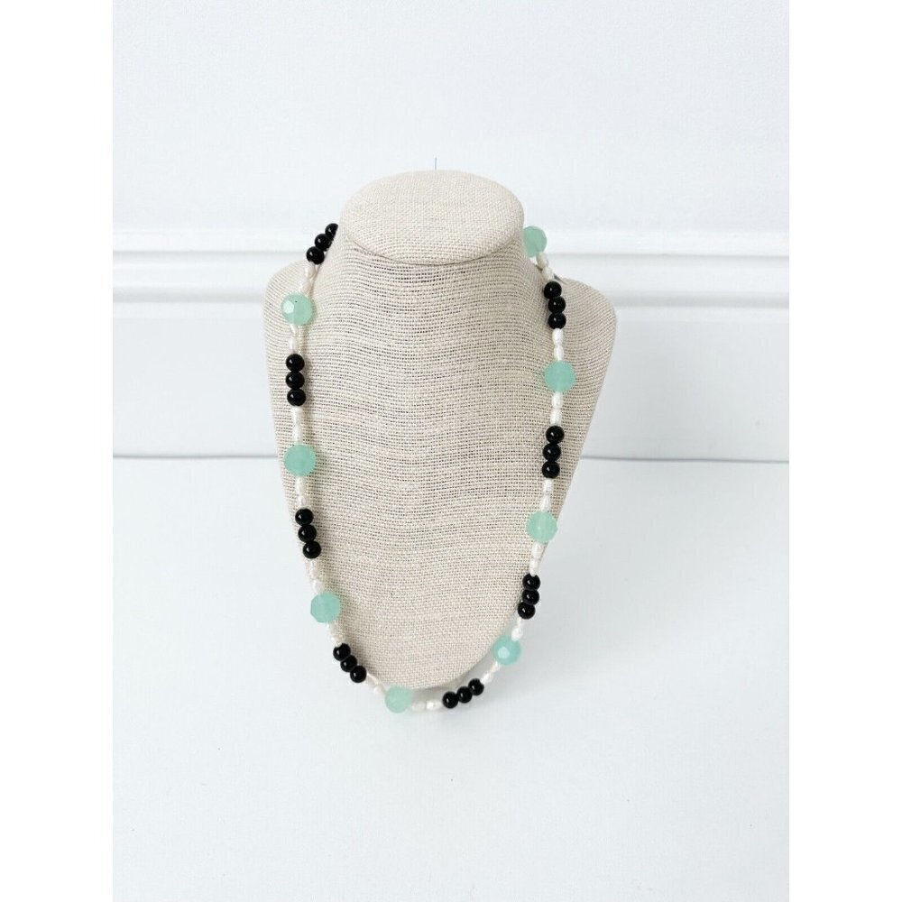 NWT Genuine Green Fluorite, Black Onyx & Pearls Necklace Beaded